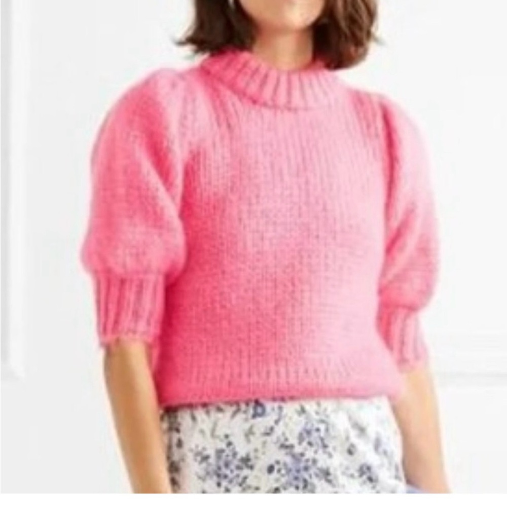 GANNI The Julliard Mohair Hot Pink Barbiecore Preppy Cropped Puff Sleeve Sweater